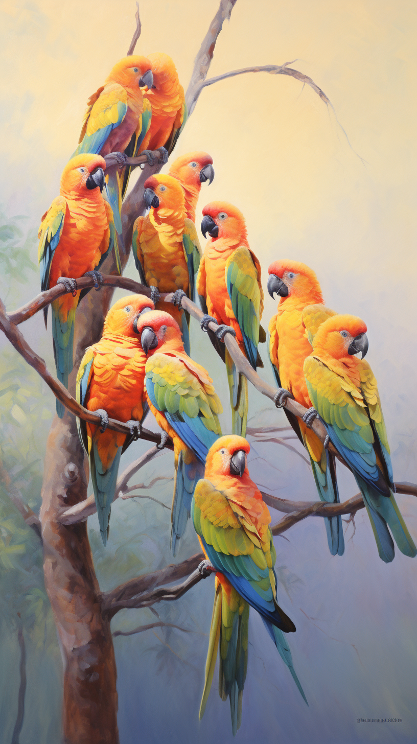 Vibrant parrots in orange, green, blue, purple, yellow - dynamic.