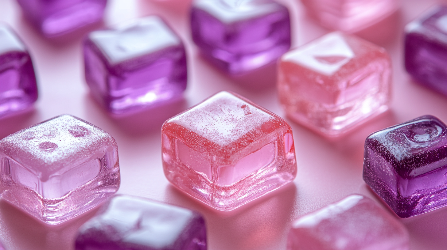 Vibrant pink and lavender sugar gummy candies.