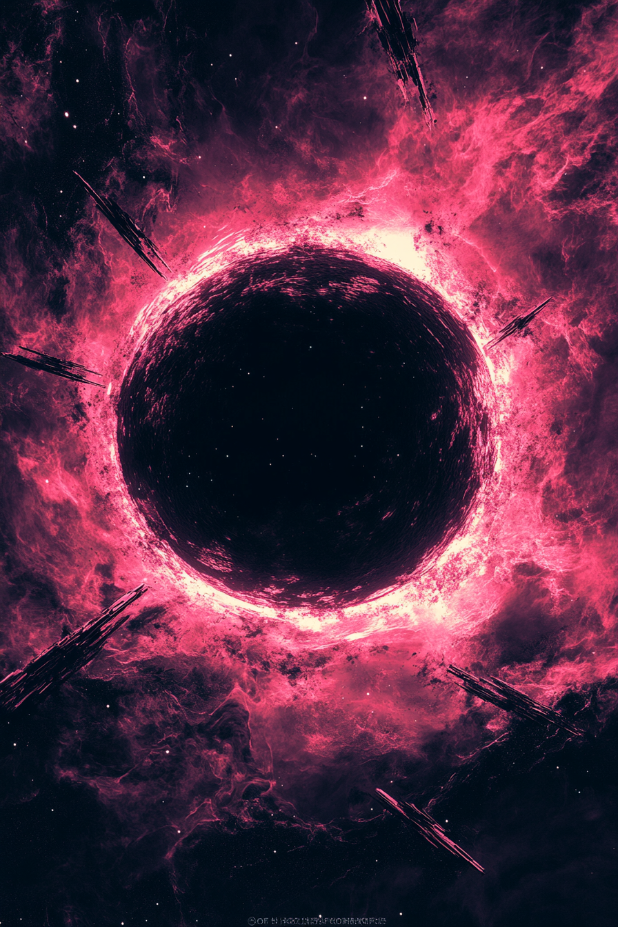 Vibrant pink and orange swirl around black hole.