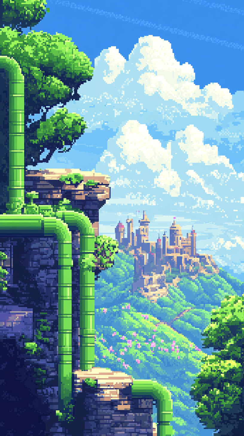 Vibrant pixel video game with whimsical landscape scene.