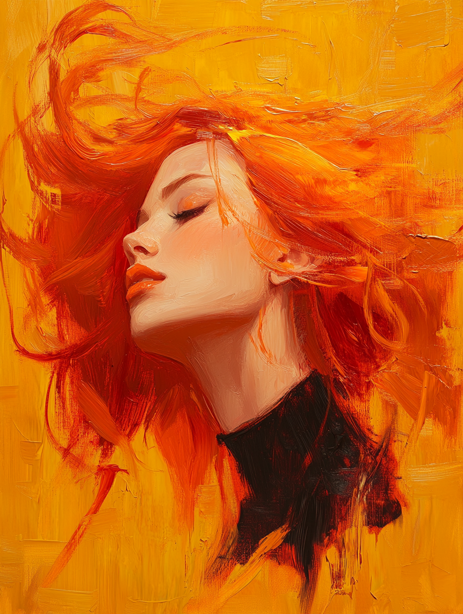 Vibrant portrait of fiery-haired woman with wind-blown hair