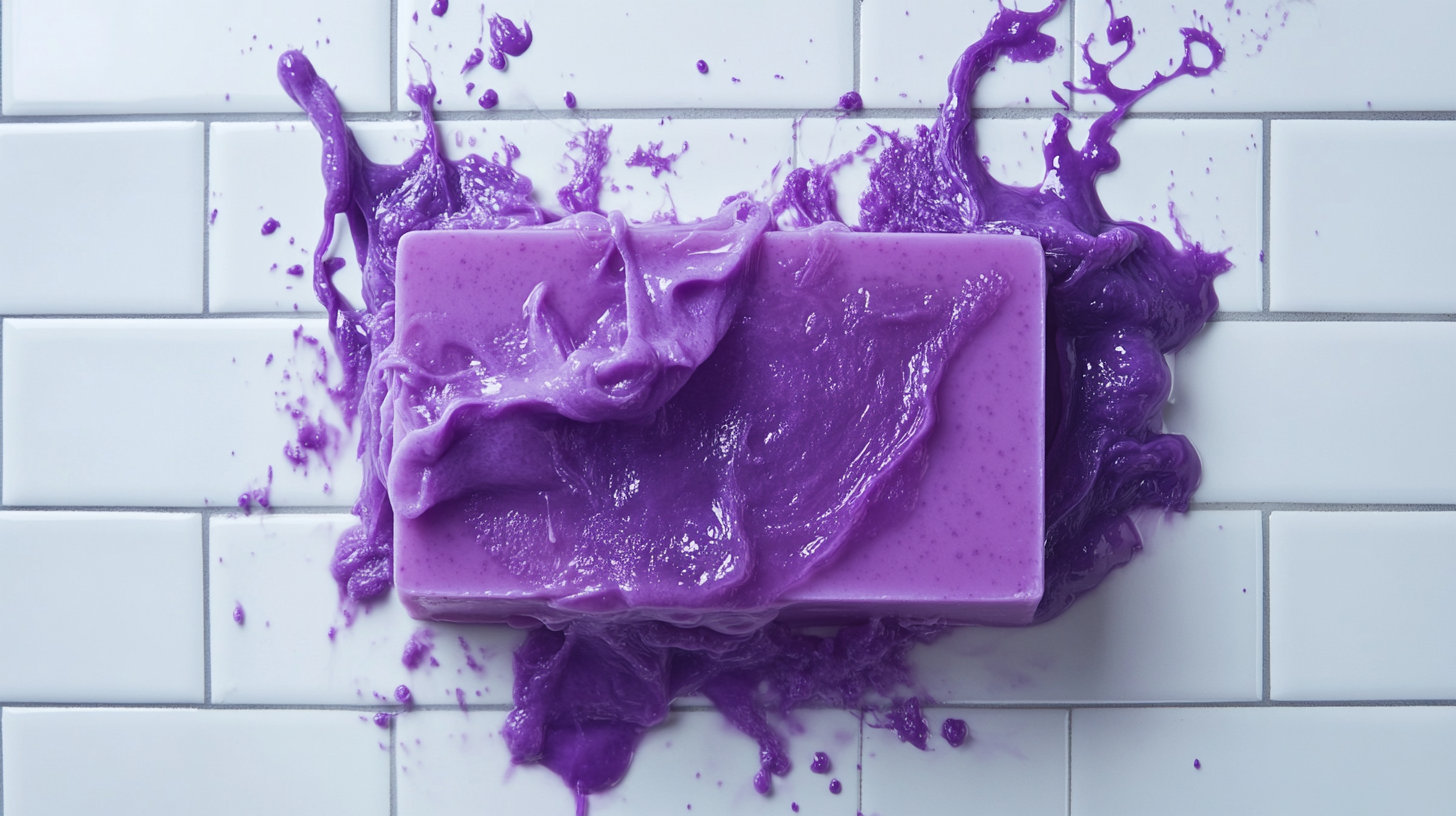 Vibrant purple soap with colorful water gushing out.