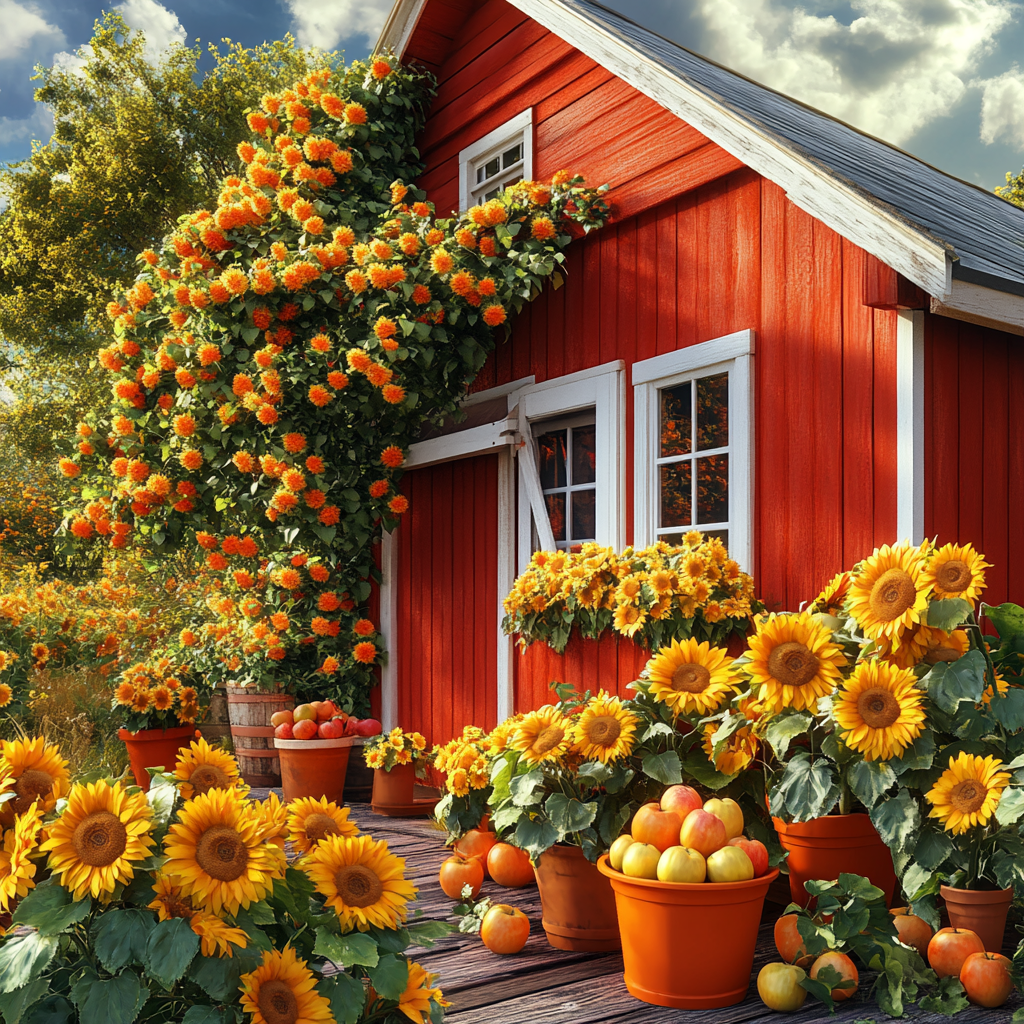 Vibrant red barn with apples and sunflowers, realistic photo.