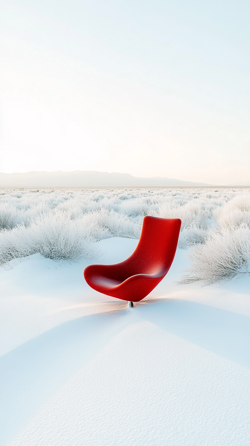 Vibrant red chair stands alone in serene desert setting.