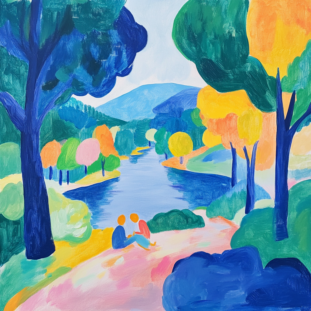 Vibrant riverside scene inspired by Fauvist art.