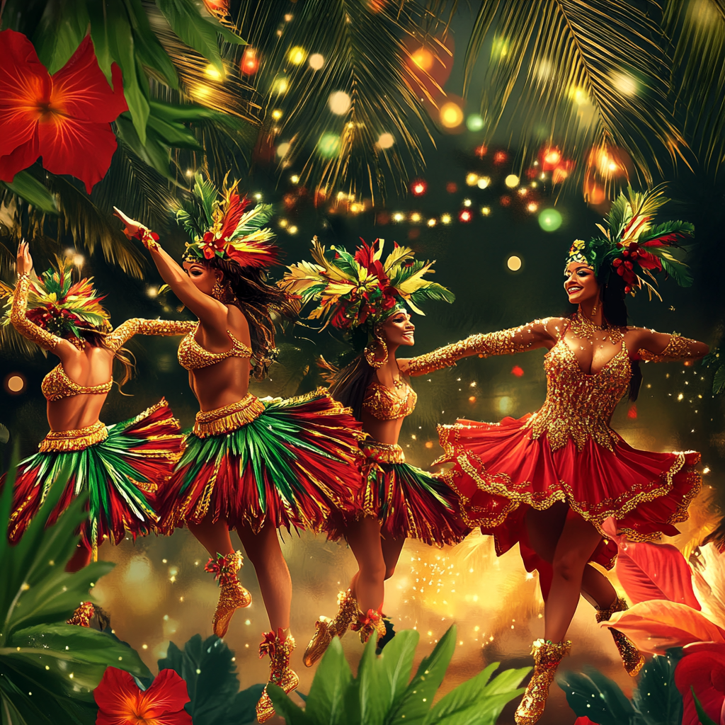 Vibrant samba dancers in festive Christmas scene.