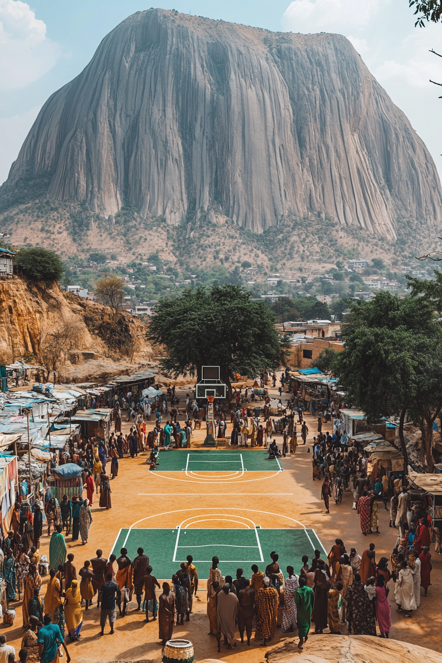 Vibrant scene in Abuja, Nigeria with Aso Rock.