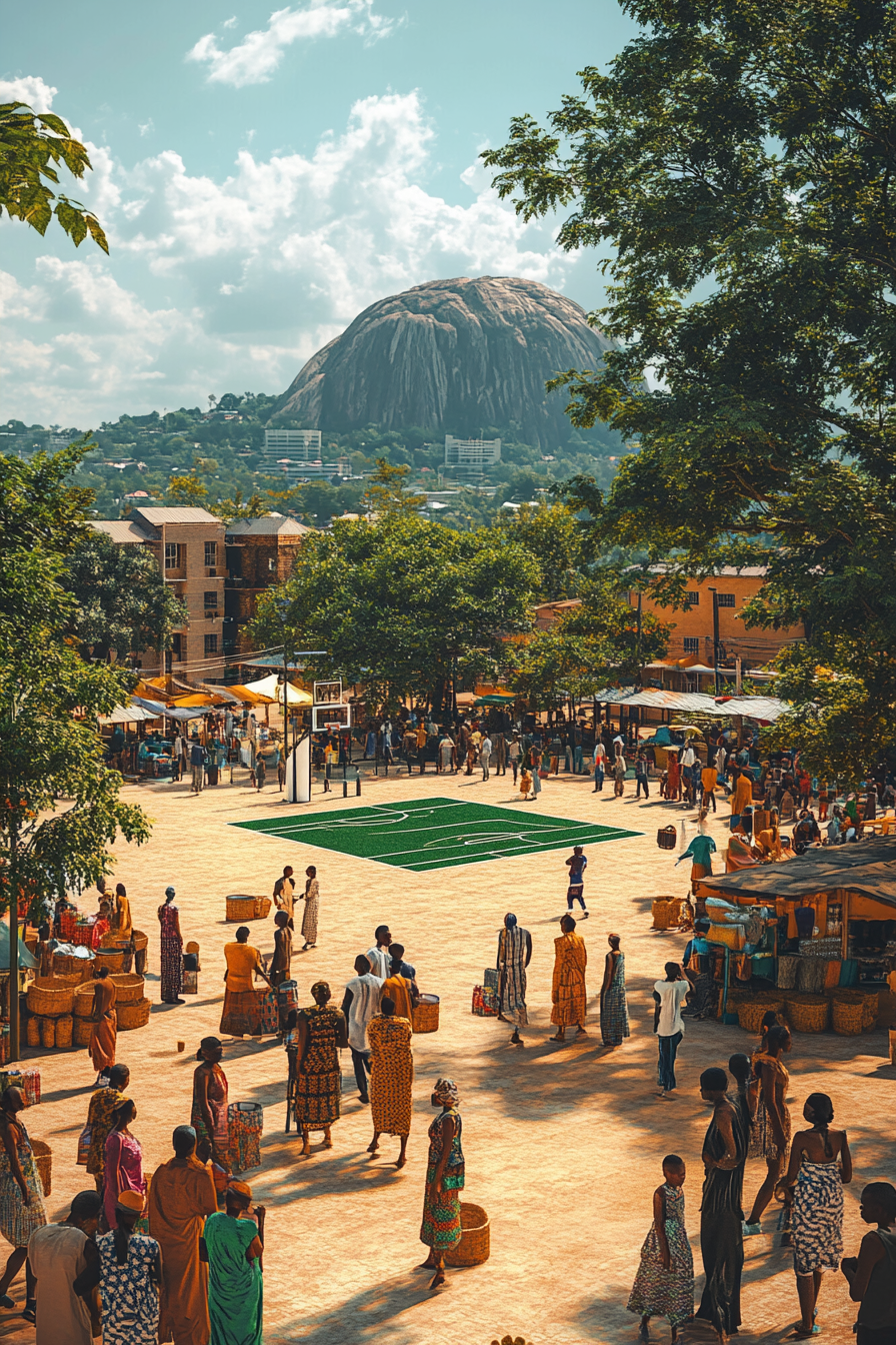 Vibrant scene in Abuja with a Nigerian basketball court.