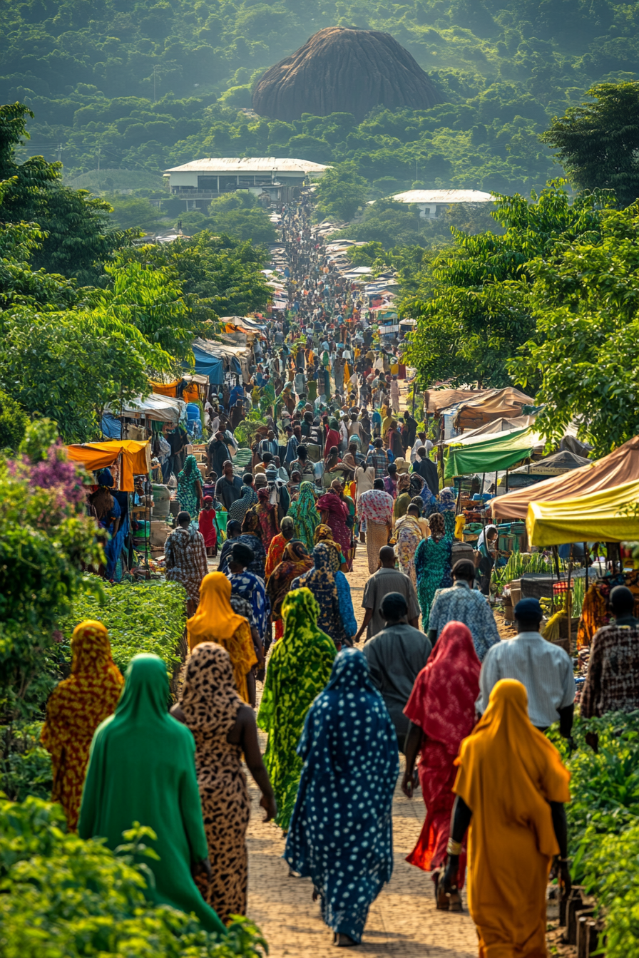 Vibrant scene in Abuja with locals in traditional clothes.