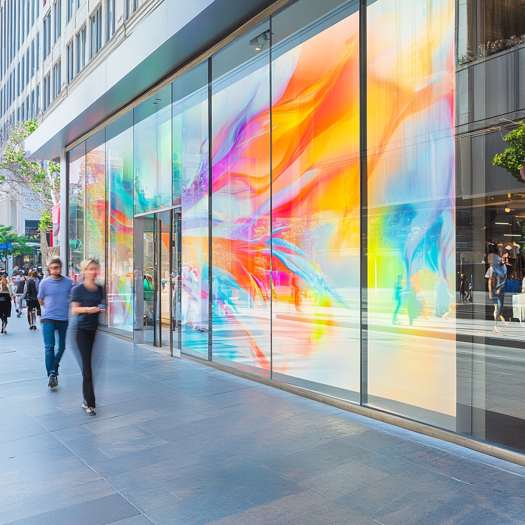 Vibrant storefront graphic on urban street with pedestrians.