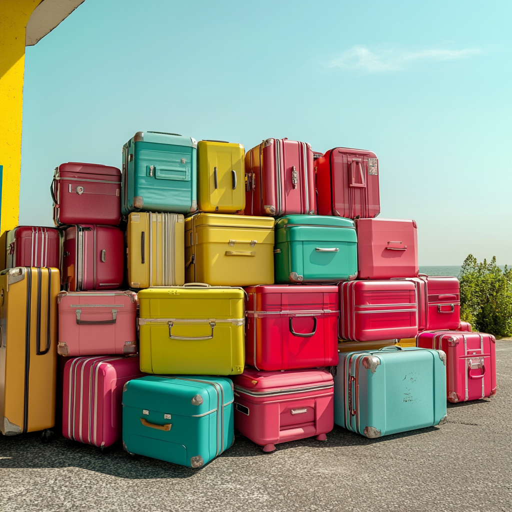 Vibrant suitcases at border checkpoint with happy travelers.