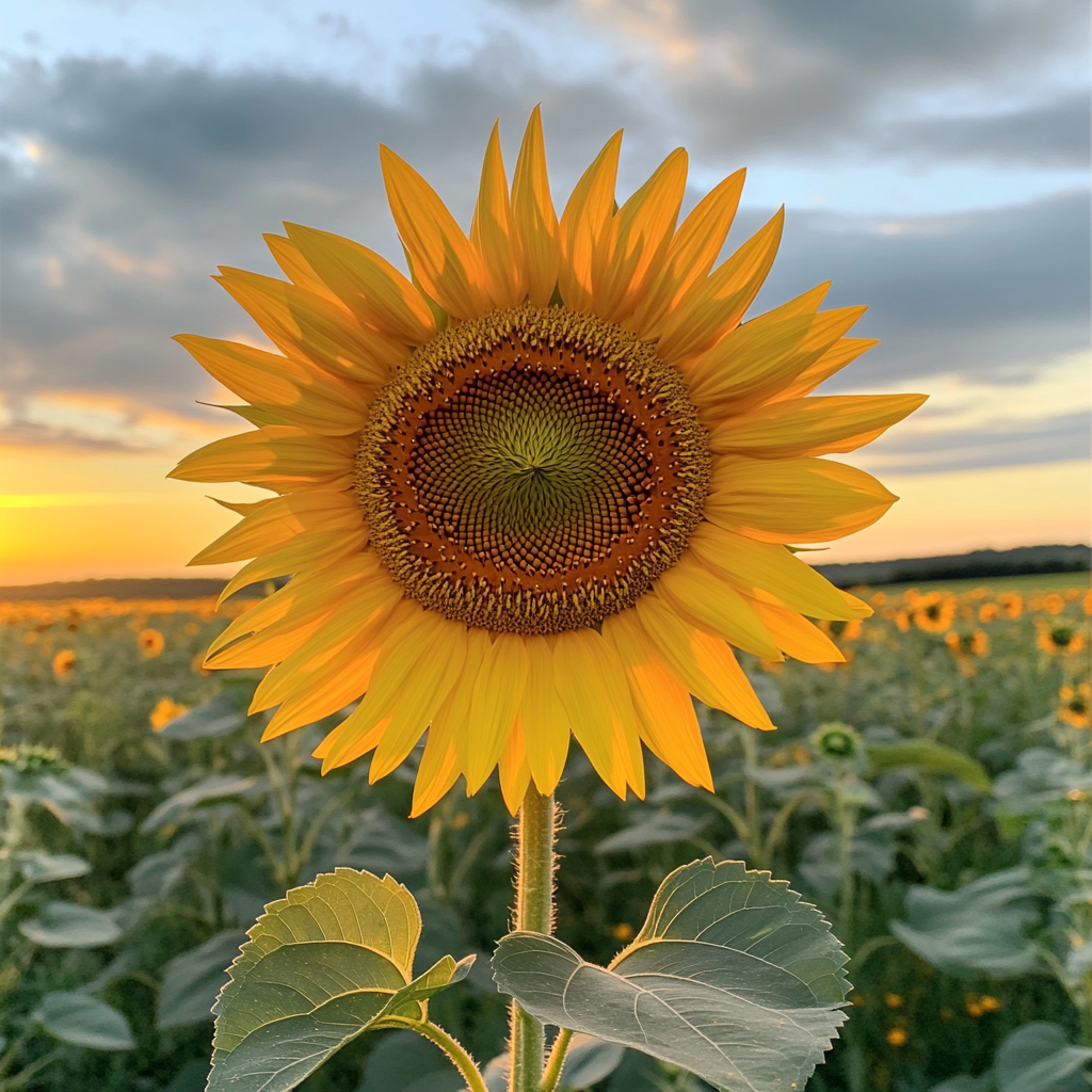 Vibrant sunflower in sunset field, taken with iPhone.