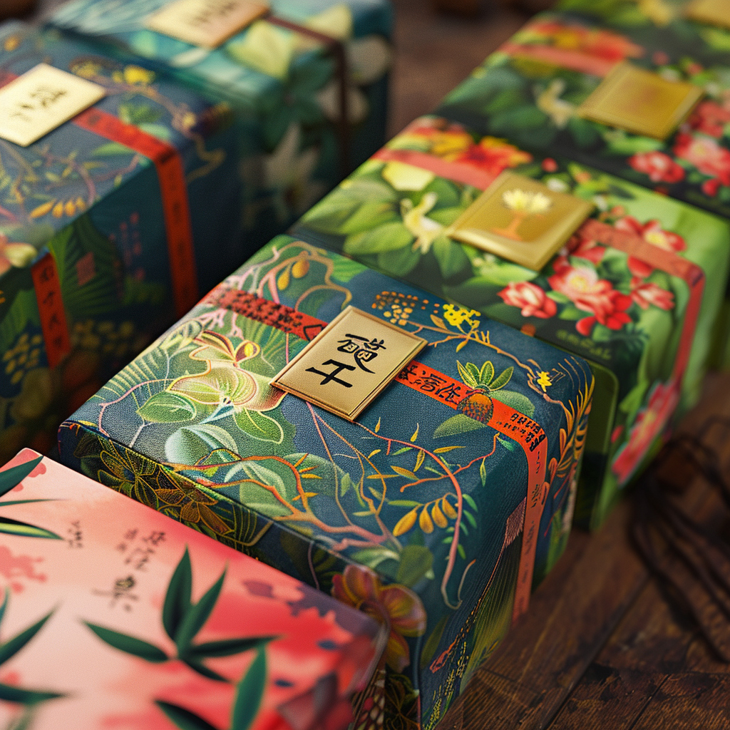 Vibrant tea packaging with detailed textures and sharp focus