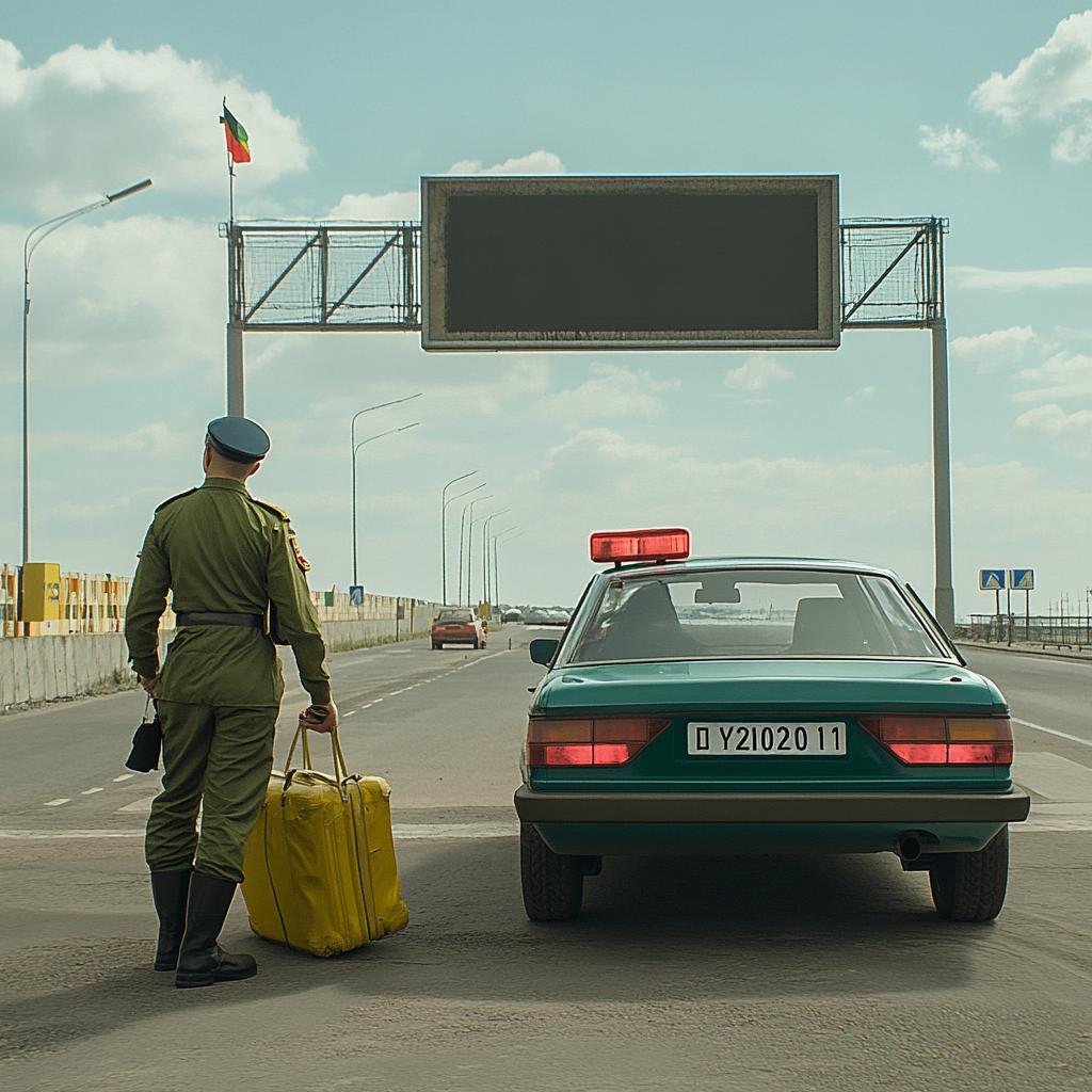 Vibrant travel scene with border guards checking car luggage.