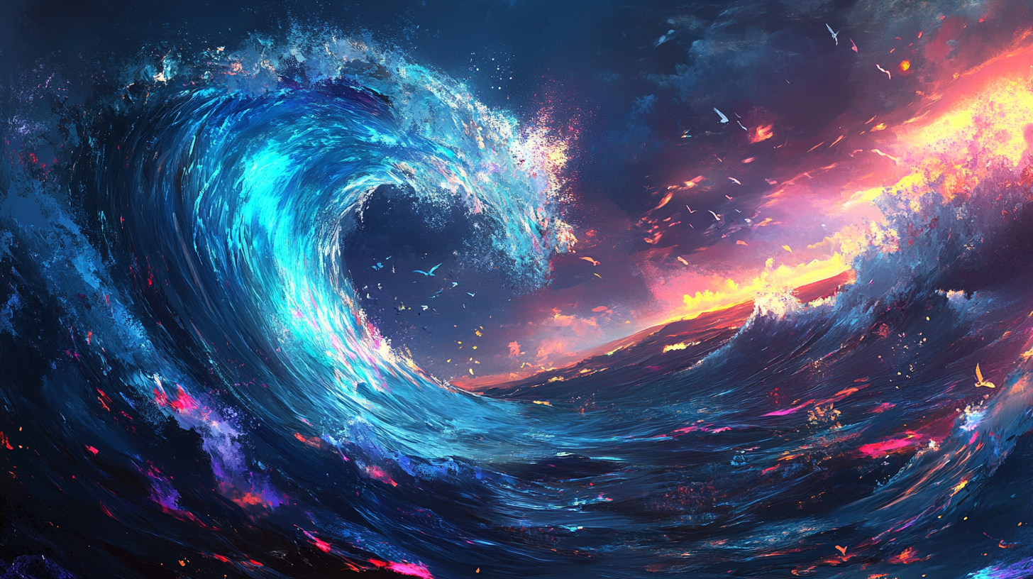 Vibrant underwater wave crashes with colorful lighting