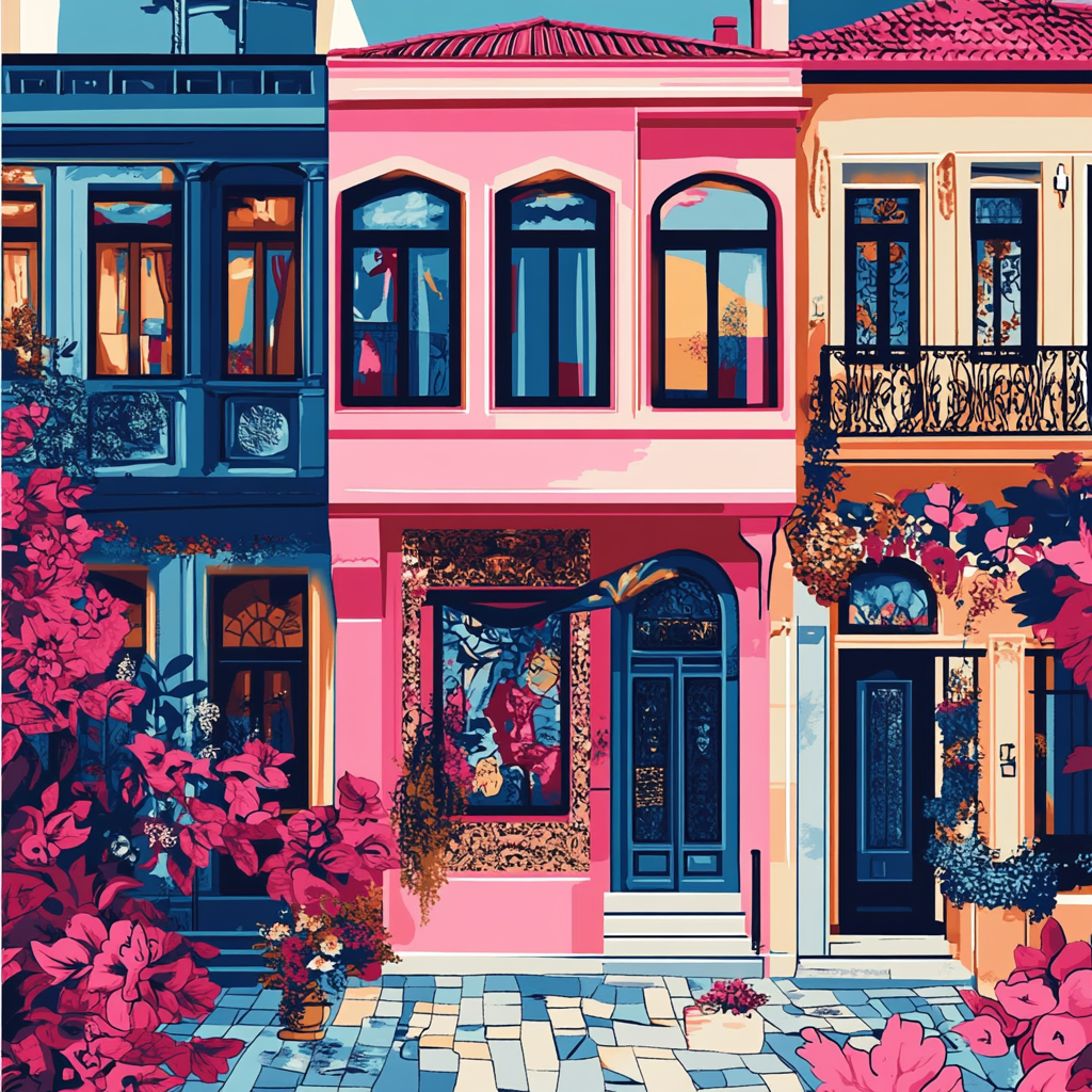 Vibrant wallpaper of Karakoy streets with Turkish elements.