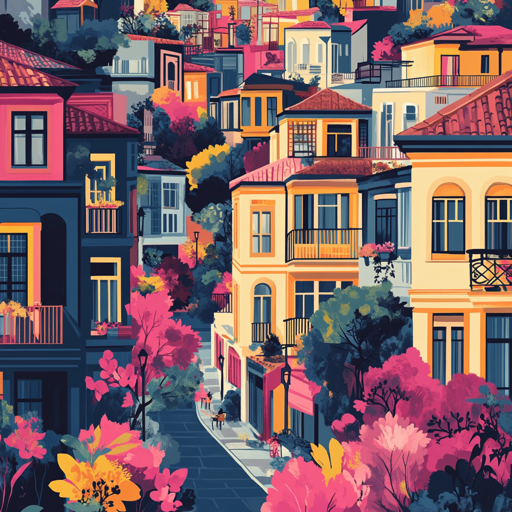 Vibrant wallpaper of Karakoy with traditional Turkish elements.