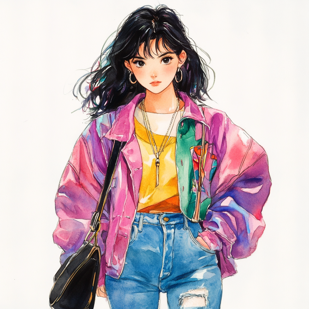 Vibrant watercolor anime girl in retro 90s fashion illustration.