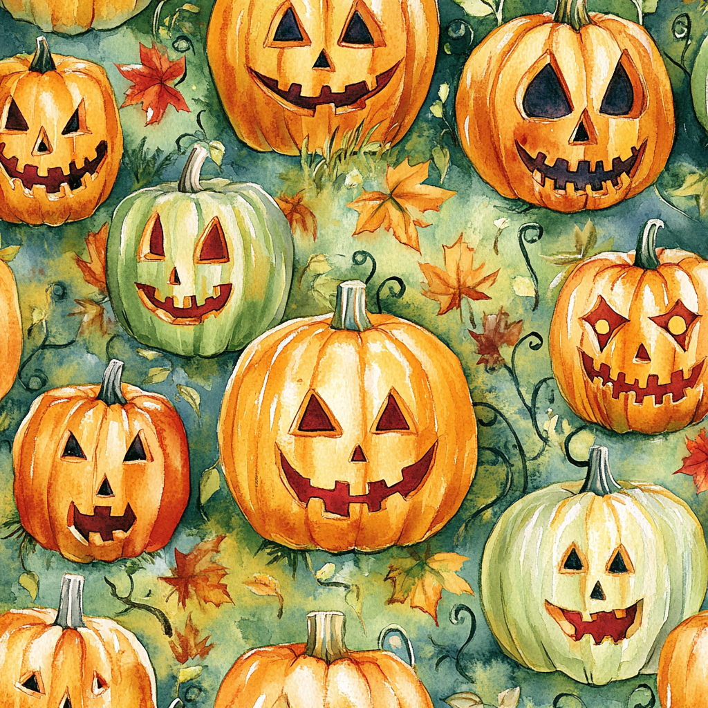 Vibrant watercolor pattern of whimsical pumpkin patch with Jack-o'-lanterns.