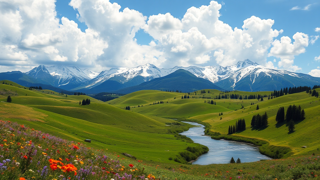 Vibrant wildflowers and snow-capped mountains under blue sky.