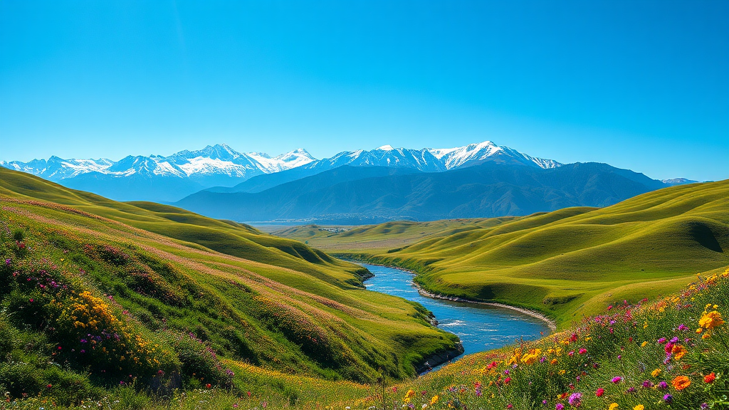 Vibrant wildflowers in serene landscape with majestic mountains