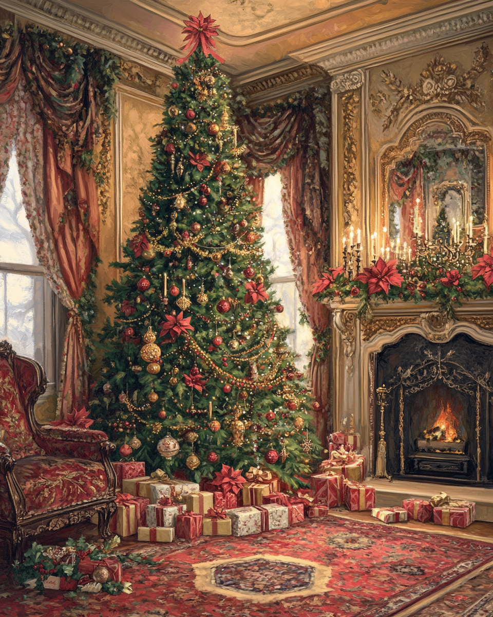 Victorian Christmas Celebration with Tree, Fireplace, Gifts - AR 4:5 V 6.1