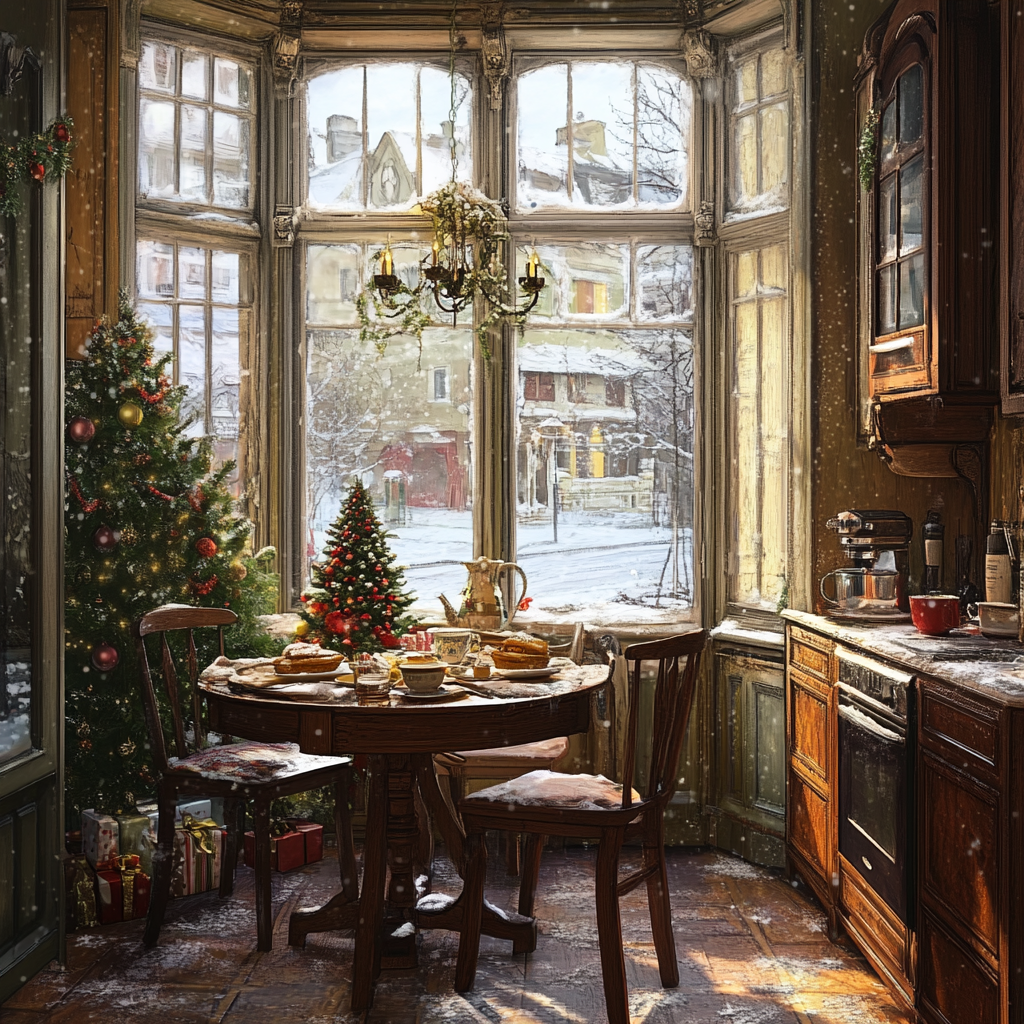 Victorian Christmas kitchen with decorated table, snowy street view.