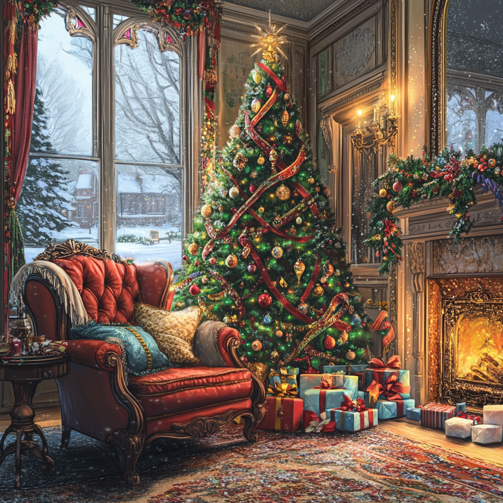 Victorian Parlor Christmas Scene with Cozy Fireplace and Tree.