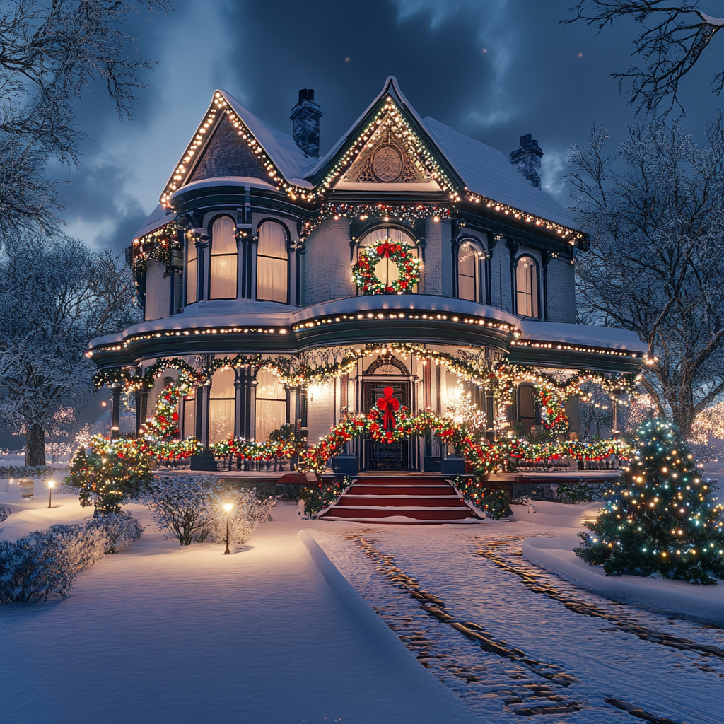 Victorian Regency Era style home with colorful lights.