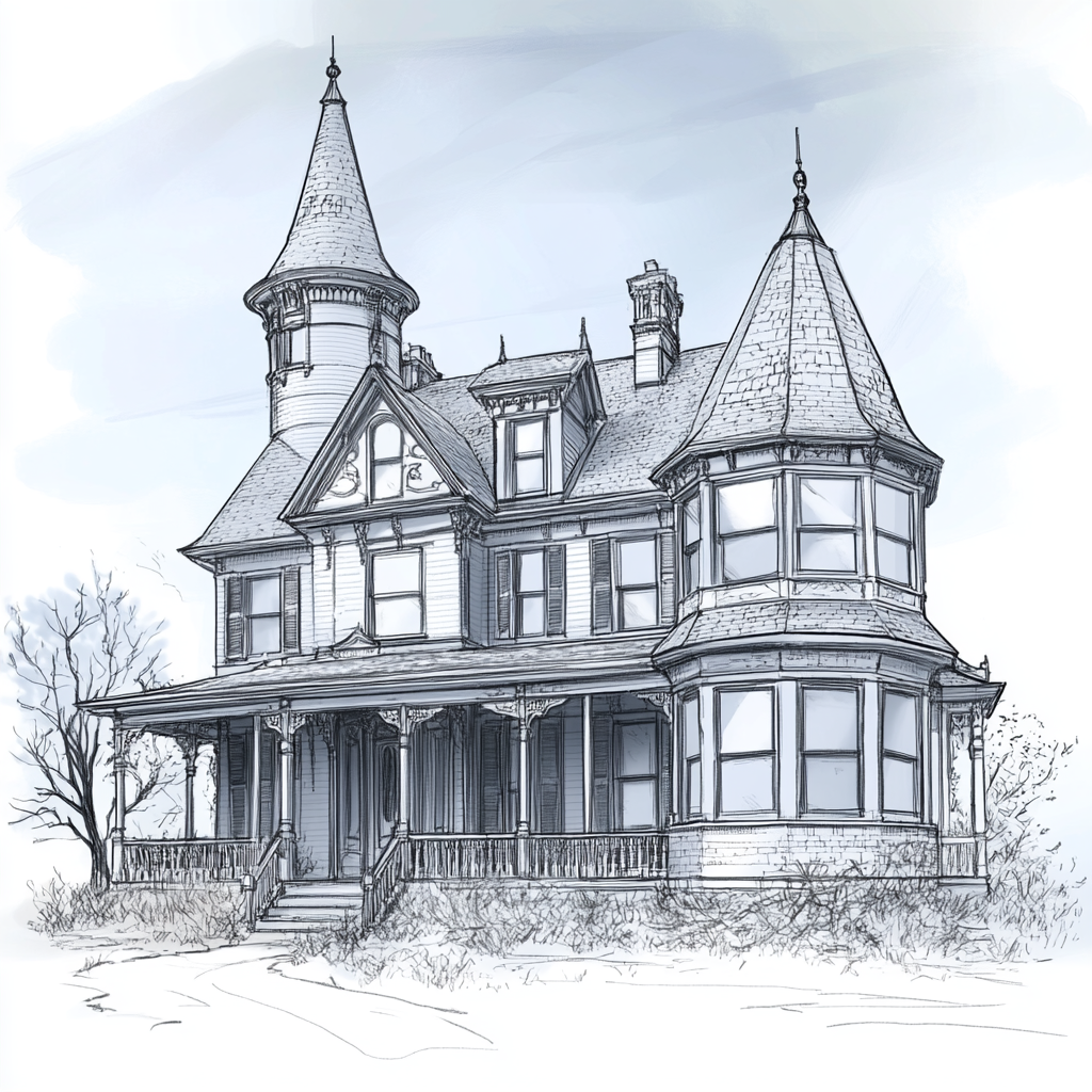 Victorian Shorecliff Manor Sketch: Blue-Grey Exterior with Tower