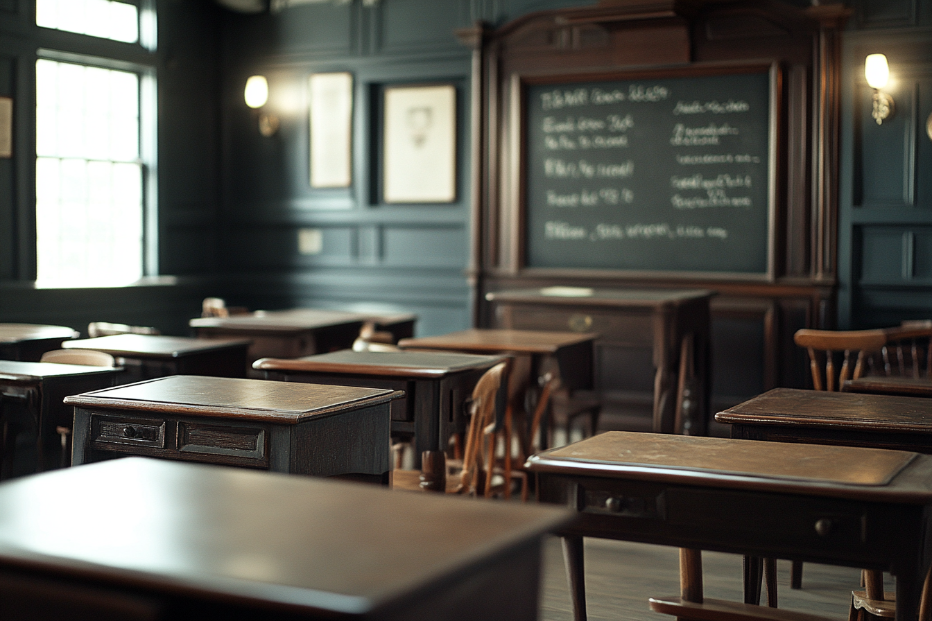 Victorian-era school classroom with wooden desks and chalkboards.