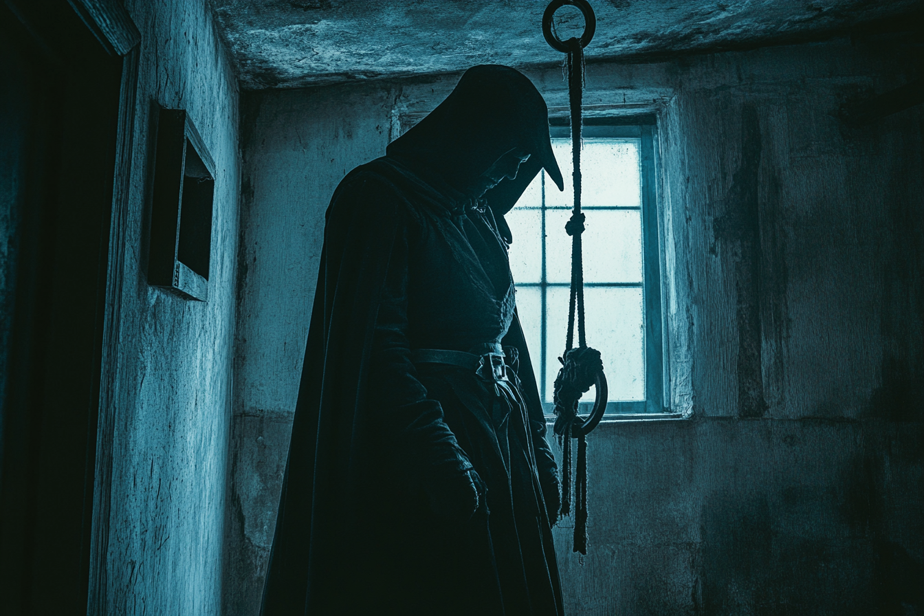 Victorian executioner in dark cloak with hanging noose.