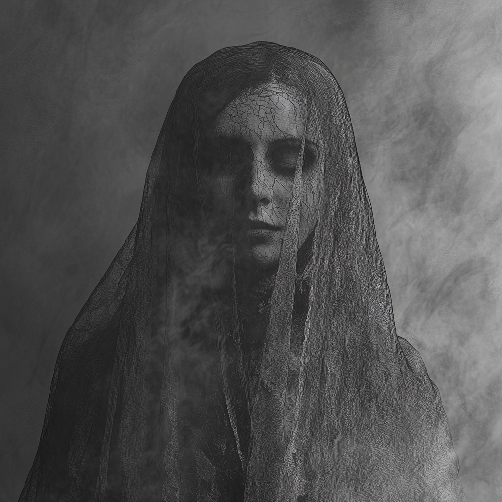 Victorian ghost Scottish woman with hair veil in grayscale.