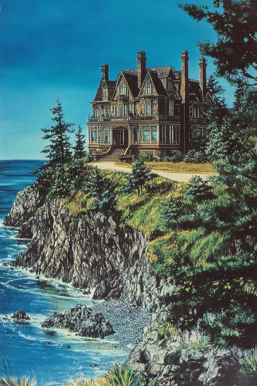 Victorian mansion with circular driveway in cliff forest ocean