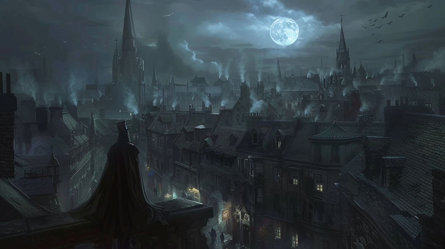 Victorian vampires on rooftops at night