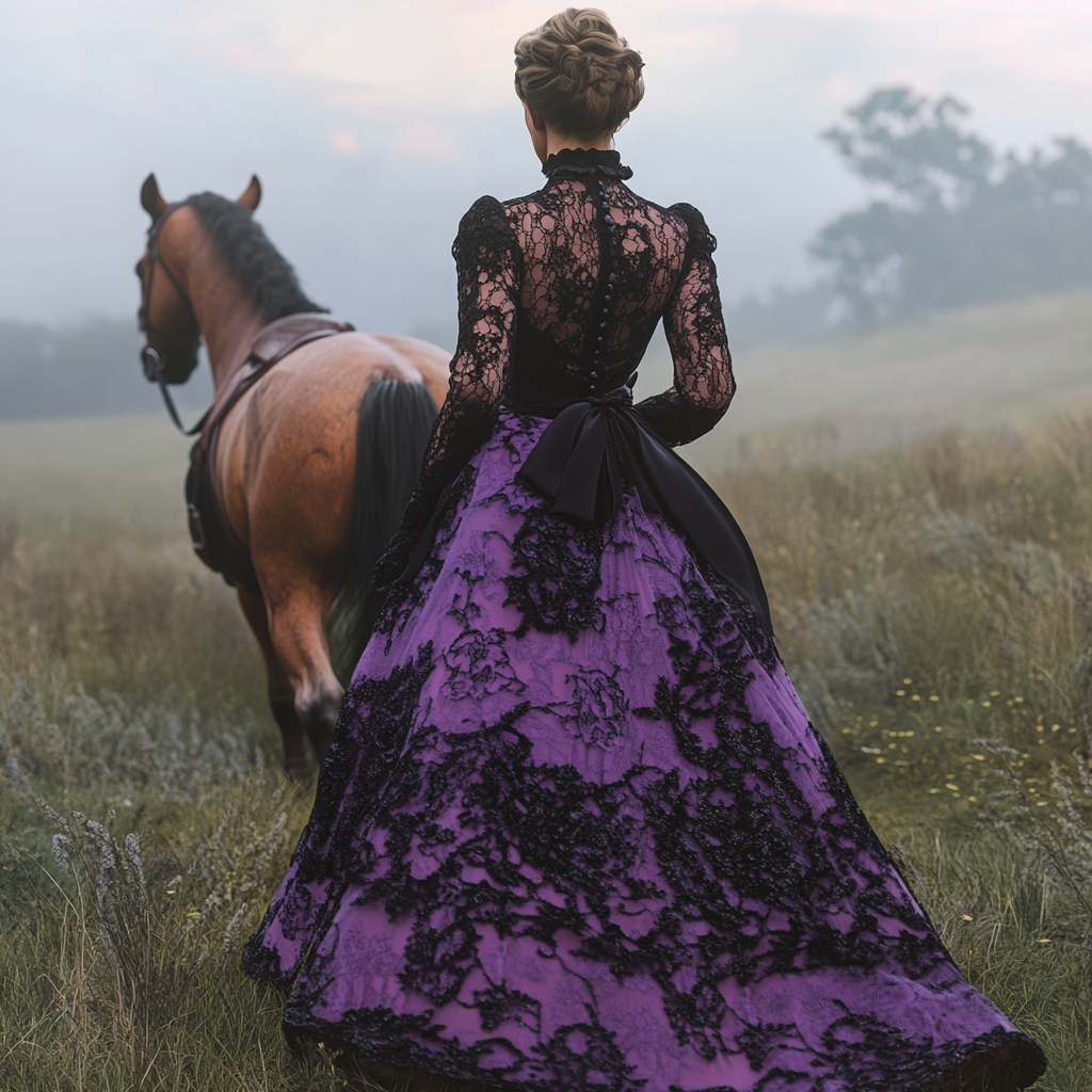 Victorian woman in lace dress on horse ranch