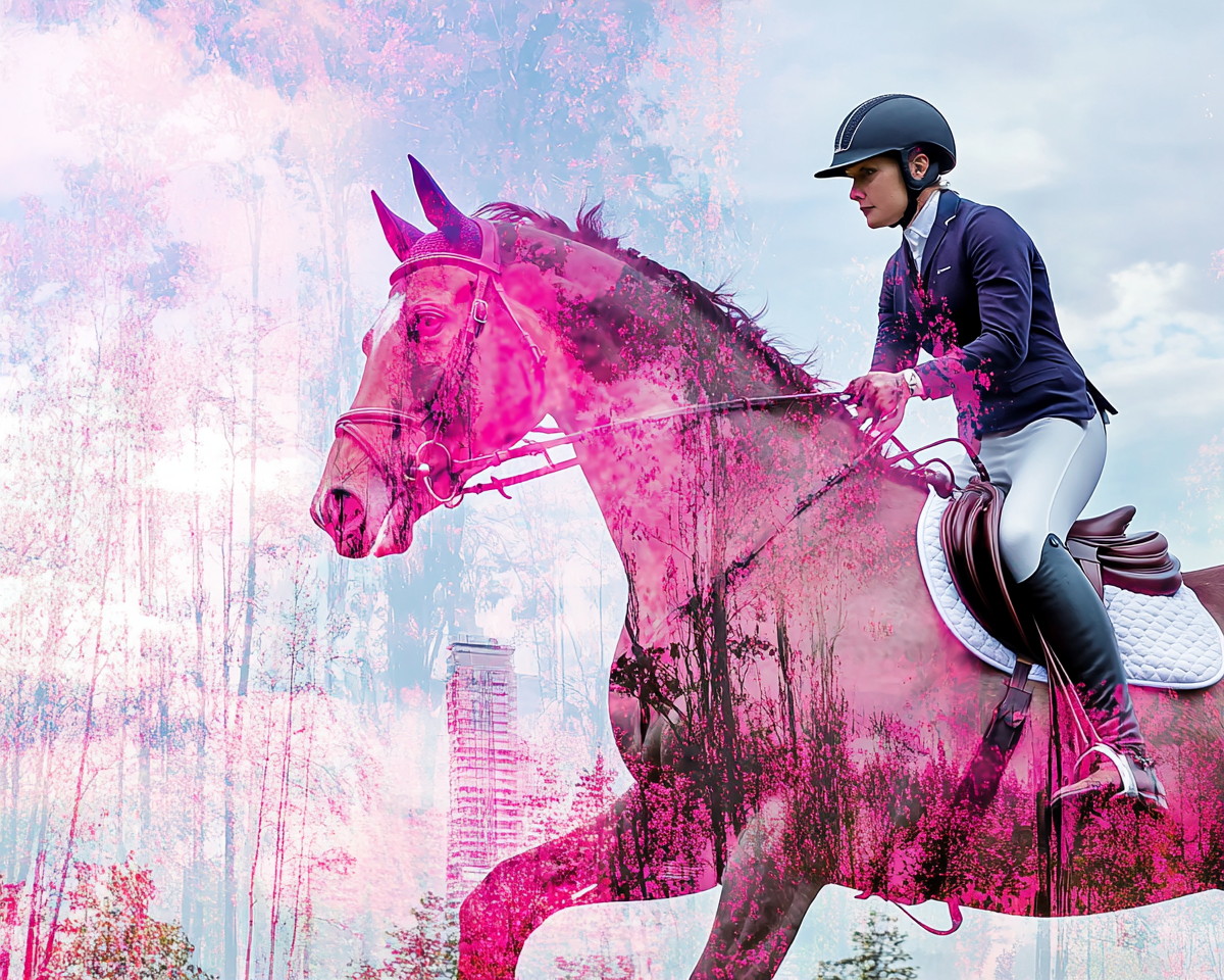 Victorious Double Exposure Horse Jumping in Pink