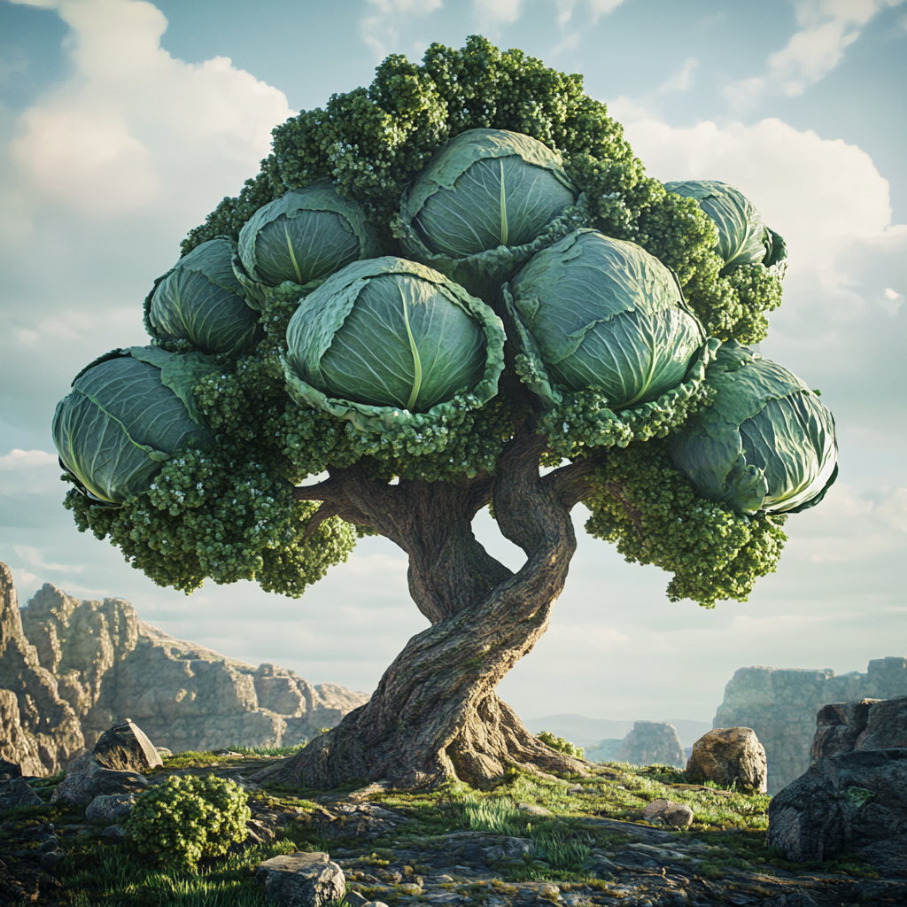 Video game tree with huge cabbages, simple style.