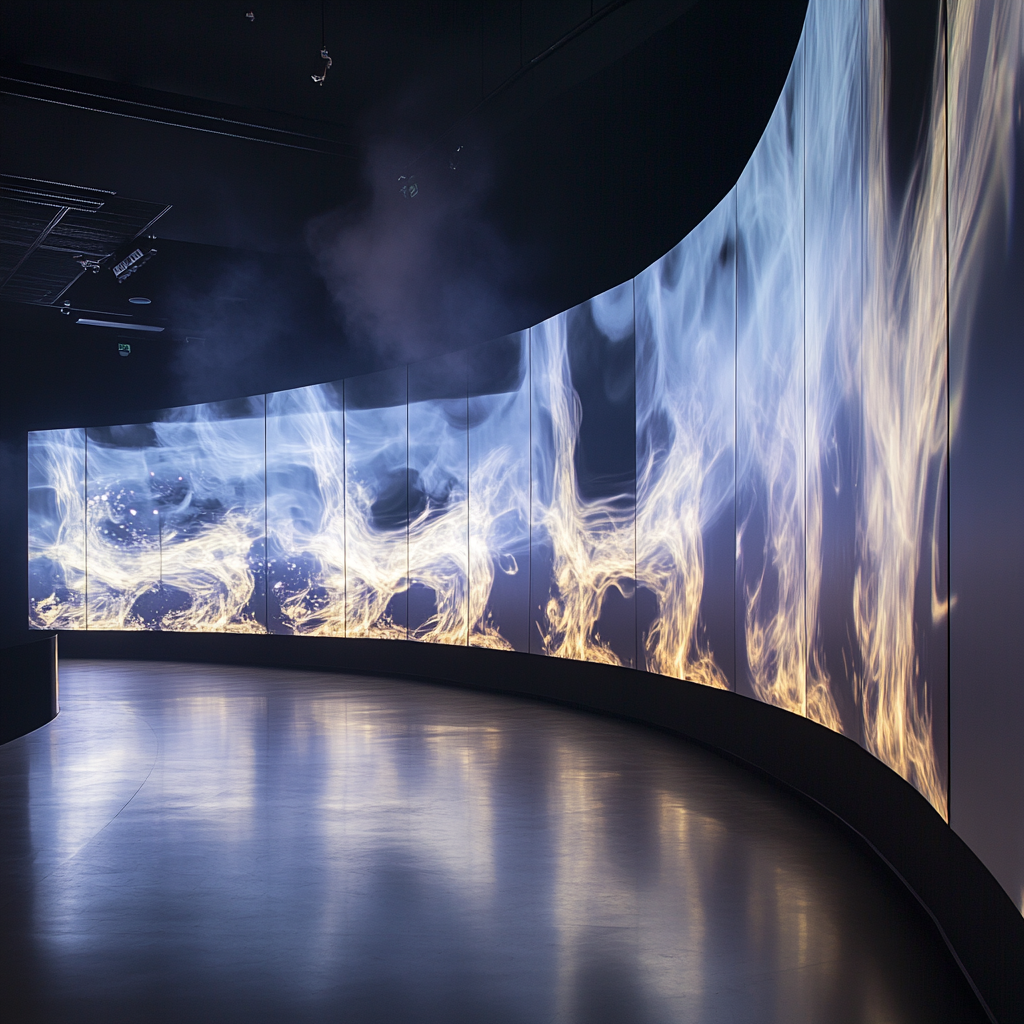 Video wall in museum with smoke rings and patterns.