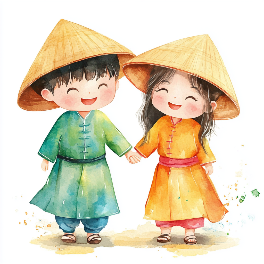 Vietnamese Kids in Traditional Clothes, Smiling, Vector Illustration