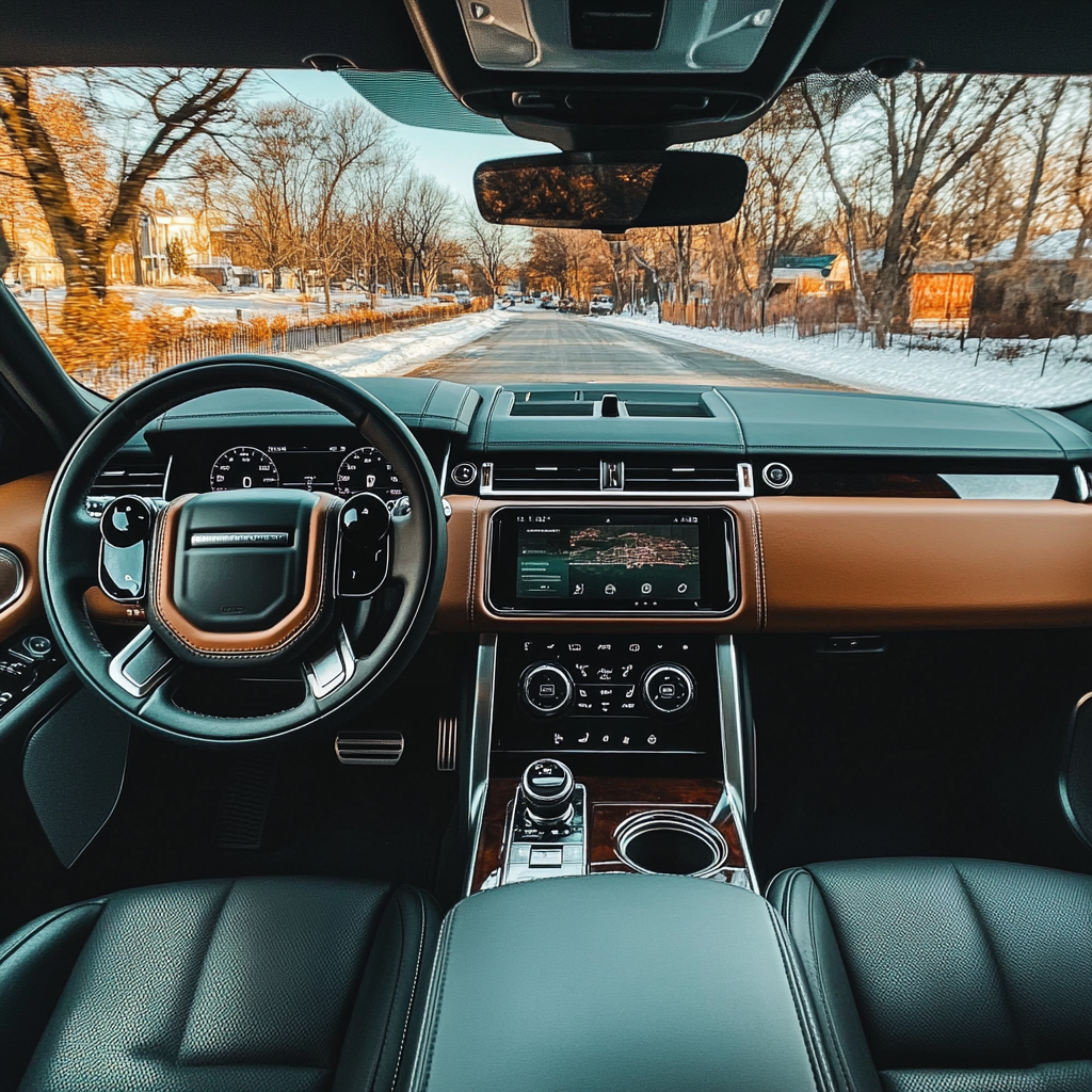 View from Range Rover Sport driver's seat luxurious interior.