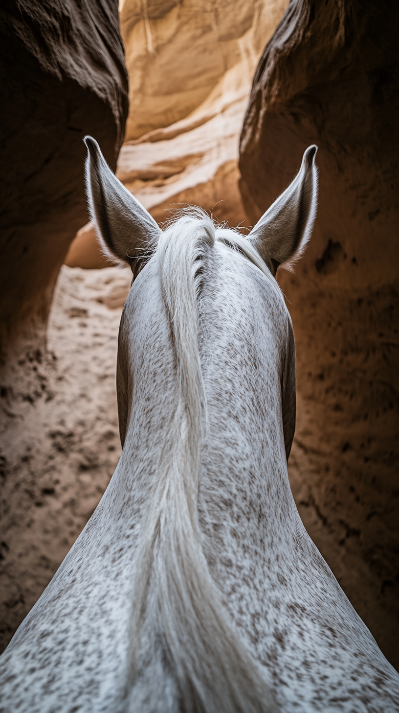 View from horseback through natural rock formations, bright sunlight.