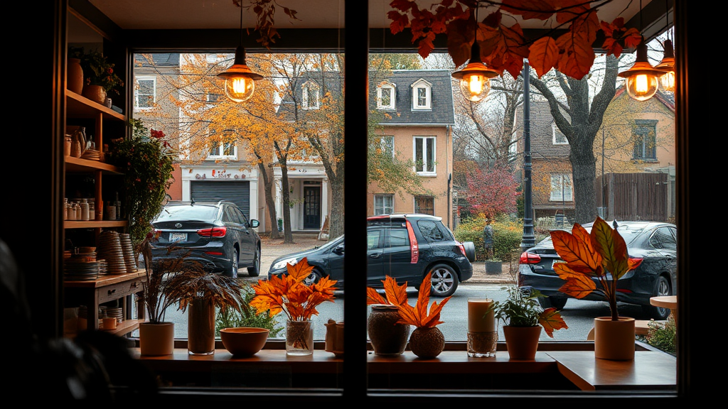 View inside and outside cozy fall coffee shop.