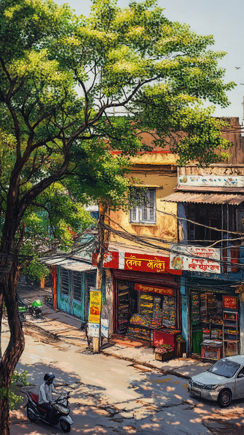 View of Indian street from opposite shop, tree visible.