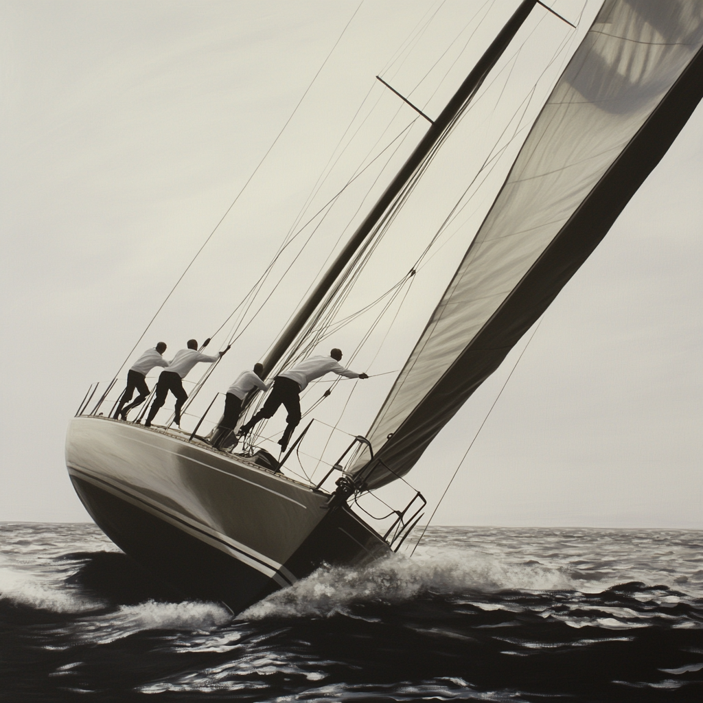 View of Sailboat in Regatta with Balancing Sailors