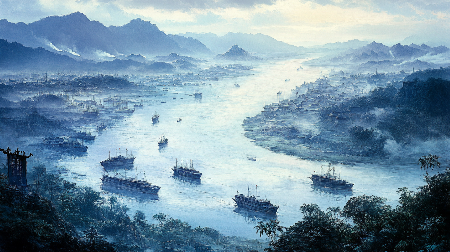 View of Yangtze River with ancient warships, Cao Cao's fleet.