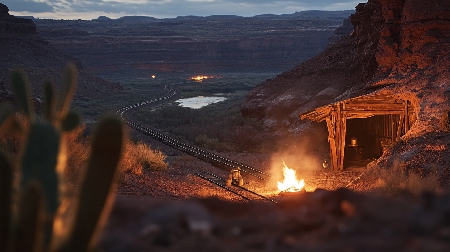 View of campfire surrounded by shadows, mining cavern entrance.