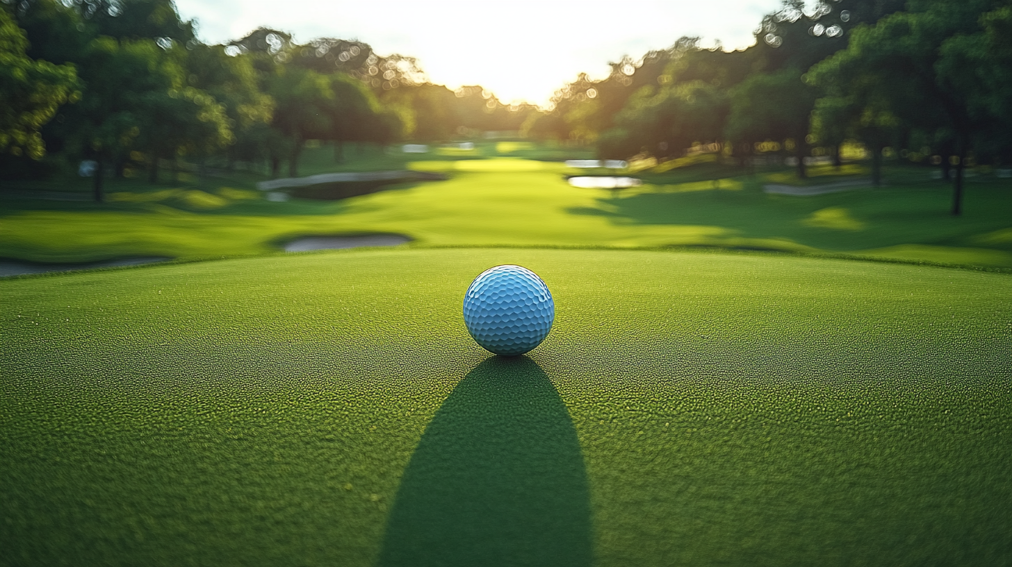 View of golf ball flying over blurred course.