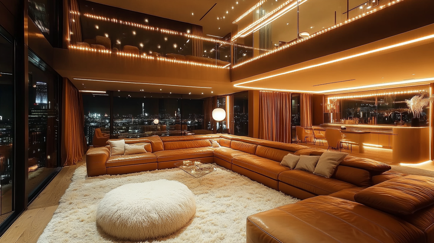 View of modern room with llama rugs and gold lighting.