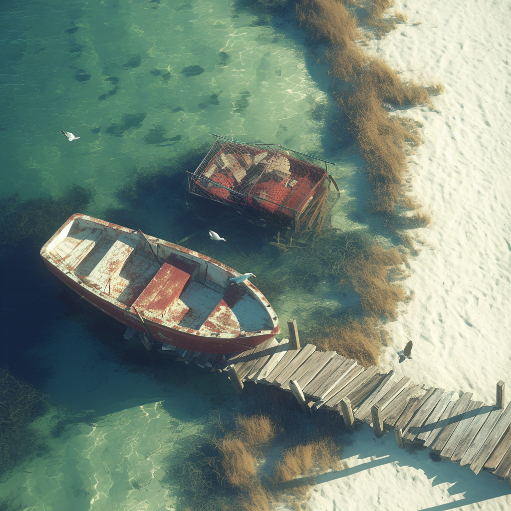 View of seashore with ruined pier and old boat